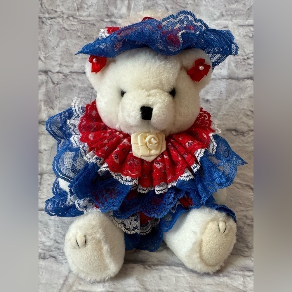 Pose-able Vintage Teddy Bear Lace Red White Blue Handmade July 4th Patriotic